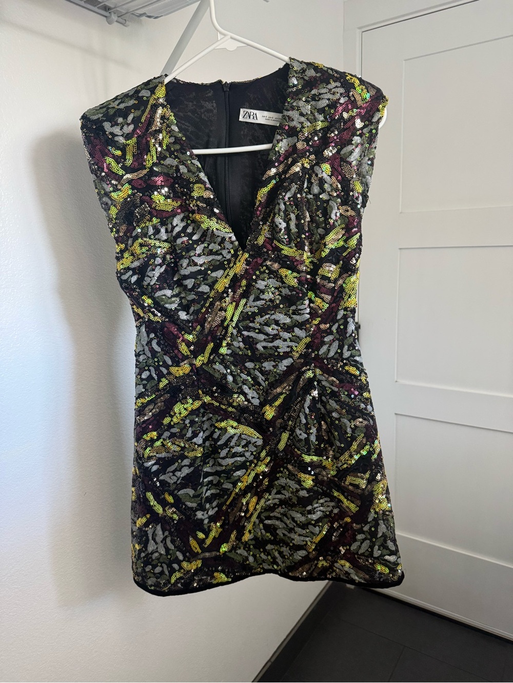 ZARA Black Sequin Mini Dress with Neon Green & Purple Accents